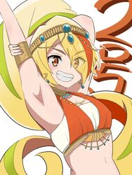  arabian_clothes armpits blonde_hair breasts eyes_visible_through_hair female green_streaks hair_ornament hair_over_one_eye highres hoken0309 long_hair multicolored_hair nikaidou_saki orange_eyes orange_hair simple_background small_breasts smile solo standing very_long_hair white_background zombie_land_saga 