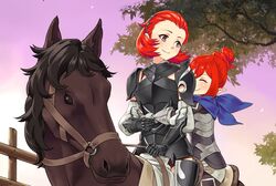  2girls armor closed_mouth fire_emblem fire_emblem_fates hair_bun hairband highres horseback_riding igni_tion kana_(female)_(fire_emblem) kana_(fire_emblem) mother_and_daughter multiple_girls red_hair riding scarf short_hair shoulder_armor single_hair_bun sophie_(fire_emblem) tree 