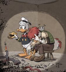  2023 anatid anseriform anthro arm_tuft avian bandage bandaged_arm beak belly_tuft bird black_clothing bottomwear bow_accessory broken_glass broken_glasses brown_background brown_clothing burnt_clothing cheek_tuft chicken clothing comforting cracked_glass cracked_glasses debris disney donald_duck donald_duck_(comics) duck duo elbow_on_leg elbow_tuft eyewear facial_tuft feathers feet fire fluffy fluffy_tail footwear galliform gallus_(genus) glass glasses green_clothing grey_clothing gyro_gearloose hair hand_on_face hand_on_head hat head_down head_tuft headgear headwear holding_object male membrane_(anatomy) orange_beak orange_legs pants patting patting_back phasianid pipe red_body red_clothing red_feather_hair red_feathers red_hair sailor_hat sailor_uniform scratches screw screws scuted_legs scutes shattered_glass shellyochunks shirt signature simple_background sitting sitting_on_stool smoke socks tail tan_clothing toes topwear torn_bottomwear torn_clothing torn_pants torn_shirt torn_topwear tube tuft vest webbed_feet white_body white_clothing white_feathers wire yellow_clothing 