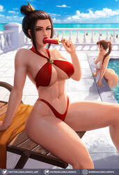  2girls abs artist_name ass avatar_legends azula bikini black_hair breasts brown_eyes cleavage commentary eating food gumroad_logo gumroad_username highres large_breasts long_hair luminyu midriff multiple_girls navel ocean outdoors patreon_logo patreon_username phallic_symbol popsicle red_bikini swimsuit thighs thong_bikini tied_hair twitter_logo twitter_username ty_lee underboob white_bikini 