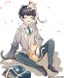  1boy animal_on_head bad_id bad_pixiv_id bag black_footwear black_hair blazer blue_necktie blush brown_cardigan brown_eyes cardigan cherry_blossoms choppy_bangs collared_shirt commentary feline highres himechi jacket male_focus matsuno_ichimatsu necktie notebook on_ground on_head one_eye_closed osomatsu-san osomatsu-san_the_movie osomatsu_(series) school_bag shirt shoes short_hair smile solo twitter_username white_background white_shirt 