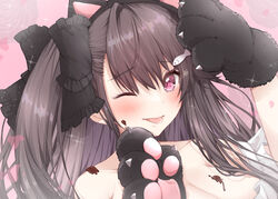  :p animal_ears animal_hands apron azur_lane bare_shoulders black_hair cat_ears cat_paws chocolate chocolate_on_body chocolate_on_breasts collarbone fake_animal_ears female fish_hair_ornament food_on_body hair_ornament hand_up highres long_hair looking_at_viewer mikuchi3939 naked_apron official_alternate_costume one_eye_closed pamiat_merkuria_(azur_lane) pamiat_merkuria_(mercurial_chocolate_love)_(azur_lane) pink_background pink_eyes ribbon solo sparkle_background tongue tongue_out white_apron 