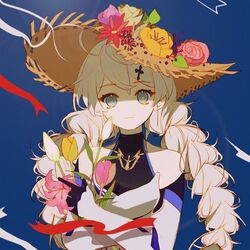  :i antenna_hair artist_request bad_link bare_shoulders blue_background blue_eyes bouquet braid bright_pupils closed_mouth cross cross_hair_ornament female flower flower_request hair_ornament hat hat_flower holding holding_bouquet honkai_(series) honkai_impact_3rd jpeg_artifacts kiana_kaslana kiana_kaslana_(knight_moonbeam) long_hair looking_at_viewer pink_flower pink_rose pink_tulip purple_flower red_flower rose solo straight-on straw_hat sun_hat tuimaonanmo tulip twin_braids white_flower white_hair white_tulip yellow_flower yellow_tulip 