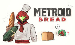  arm_cannon assault_visor baguette bread chef chef_hat commentary english_text female food green_visor hat heart helmet loaf_of_bread looking_at_viewer meme metroid metroid_(creature) metroid_dread musical_note neckerchief parody pun red_neckerchief samus_aran shirt speech_bubble spoken_musical_note title_parody toque_blanche upper_body wakaba_(wata_ridley) weapon white_shirt 