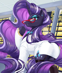  absurd_res ass blue_eyeshadow clothed clothed_feral clothing cutie_mark dstears equid equine eyelashes eyeshadow eyewear female feral garter_straps glasses hair hasbro hi_res horn idw_publishing long_hair makeup mammal multicolored_hair multicolored_tail my_little_pony my_little_pony_(idw) mythological_creature mythological_equine mythology nightmare_rarity_(idw) solo tail unicorn 