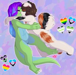  2019_polyamory_pride_colors absurd_res agender_pride_colors ambiguous/ambiguous ambiguous_gender anthro aromantic_pride_colors black_body black_fur blue_body blue_hair brown_hair bumblebunny6 canid canine canis chibi claws cuddling curled_tail digital_media_(artwork) domestic_dog duo folded_ears fur green_body hair heart_symbol hi_res hug infinity_heart kiss_on_lips kissing lgbt_pride long_hair long_tail love mammal orange_body orange_fur pansexual_pride_colors polyamory_pride_colors pride_colors pride_heart purple_hair rainbow_pride_colors reptile romantic romantic_couple scalie scar shaded short_hair six-stripe_rainbow_pride_colors snake subculture_pride_colors tail toe_claws voidpunk_pride_colors white_body white_fur 