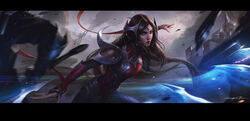  armor artist_name black_hair blade blue_eyes chengwei_pan female fighting_stance hair_ornament highres irelia league_of_legends long_hair looking_at_viewer signature very_long_hair weapon 