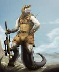  anthro armpit_hair athletic athletic_anthro athletic_male awp body_hair clothed clothing corrsk desert detailed_background digital_media_(artwork) fur gun hat headgear headwear hi_res holding_object iguana iguanid kerchief lizard male military outside ranged_weapon reptile rifle scalie shemagh sky smile sniper sniper_rifle solo uniform weapon 