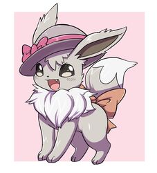  accessory ambiguous_gender blush bow_(feature) bow_accessory bow_hat bow_headwear bow_ribbon clothing clothing_bow ecru_(artist) eevee fangs fur furgonomics generation_1_pokemon grey_body grey_fur hat hat_band hat_bow hat_ornament headgear headwear nintendo open_mouth pokemon pokemon_(species) ribbons shiny_pokemon simple_background solo tail tail_accessory tail_bow tail_ribbon teeth tongue white_body white_fur 