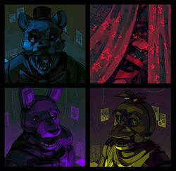  2021 animatronic anthro avian balloon beak bear bib big_bow_tie bird black_nose blonde_hair blue_body blue_eyes blue_fur blue_nose blue_sclera blue_theme bonnie_(fnaf) bow_tie bust_portrait canid canine chica_(fnaf) chicken close-up clothed clothing curtains curtains_open detailed digital_media_(artwork) drawing eye_patch eyewear fangs female fenneccherry five_nights_at_freddy&#039;s fox foxy_(fnaf) freddy_(fnaf) fur galliform gallus_(genus) group hair half-closed_eyes hat headgear headwear hi_res inflatable inside lagomorph leporid long_ears looking_at_viewer machine male mammal multicolored_nose narrowed_eyes open_mouth peaking peaking_through_curtains phasianid photo pirate portrait purple_body purple_ears purple_eyes purple_nose purple_sclera purple_theme rabbit red_body red_eyes red_sclera red_theme restaurant robot round_ears scottgames sharp_teeth short_hair stage stage_curtains standing star teeth top_hat wire yellow_beak yellow_body yellow_eyes yellow_sclera yellow_theme 