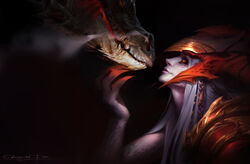  armor braid chengwei_pan dragon dragon_girl female hair_ornament highres league_of_legends long_hair red_eyes scales scar shyvana signature smile smoke white_hair 