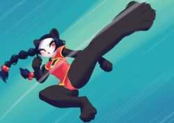  2020 4_toes anthro barefoot bear black_body black_fur braided_hair clothing feet female fist flying_kick fur giant_panda hair kick mammal midair motion_blur open_mouth red_eyes solo toes unousaya 