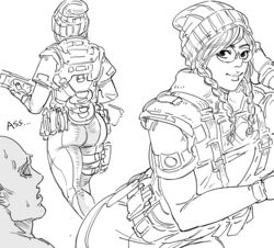  1boy ass back bad_id bb_(baalbuddy) beanie belt braid bulletproof_vest dokkaebi_(rainbow_six_siege) female glasses gloves greyscale gun hat highres inactive_account monochrome pouch rainbow_six_siege solo_focus twin_braids weapon white_background 