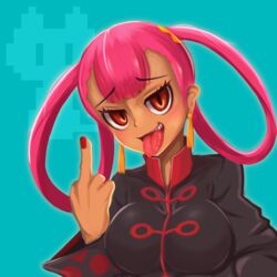  :d absurdres blue_background breasts chinese_clothes dark-skinned_female dark_skin earrings eyelashes female fingernails furrowed_brow hair_rings high_collar highres jewelry long_hair long_sleeves looking_at_viewer medium_breasts middle_finger nail_polish open_mouth pink_hair pokemon pokemon_masters_ex punk_girl_(pokemon) red_eyes red_nails sakumochi_(pixiv4431677) sharp_teeth smile solo tassel tassel_earrings teeth tongue tongue_out upper_teeth_only 