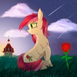  1:1 absurd_res cutie_mark detailed_background divifilly earth_pony equid equine female feral flower friendship_is_magic glowing_flower green_eyes hasbro hi_res horse mammal mane my_little_pony night plant pony red_mane rose_(flower) rose_(mlp) sky solo 