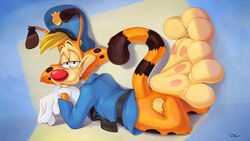  16:9 2019 anthro bonkers_(series) bonkers_d._bobcat bottomless clothed clothing disney feet felid feline foot_focus gloves handwear hat headgear headwear hi_res looking_at_viewer looking_back looking_back_at_viewer male mammal police police_uniform raised_tail red_nose solo tail teaselbone uniform widescreen 