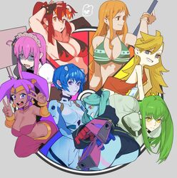  6+girls annotated ass ayanami_rei bikini blonde_hair blue_eyes blue_hair bocchi_the_rock! breasts c.c. choker circlet code_geass color_wheel_challenge colored_sclera commentary cyberpunk_(series) cyberpunk_edgerunners double_v dual_wielding earrings elbow_gloves english_commentary finger_on_trigger fingerless_gloves gloves gotoh_hitori green_hair gun hair_between_eyes handgun highres holding holding_gun holding_weapon hong_doo interface_headset jewelry large_breasts long_hair looking_at_viewer maid maid_headdress medium_breasts multiple_drawing_challenge multiple_girls nami_(one_piece) navel neon_genesis_evangelion one_piece open_mouth orange_hair panty_&amp;_stocking_with_garterbelt panty_(psg) pilot_suit plugsuit ponytail purple_eyes purple_hair rebecca_(cyberpunk) red_hair red_sclera shantae shantae_(series) short_hair single_elbow_glove swimsuit teeth tengen_toppa_gurren_lagann tongue v weapon yellow_eyes yoko_littner 