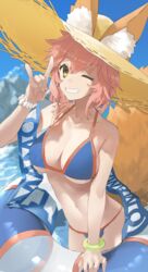  absurdres animal_ear_fluff animal_ears ao_tsukushi bikini blue_bikini blue_sky breasts cleavage collarbone day ears_through_headwear fate/grand_order fate_(series) female fox_ears fox_girl fox_print fox_shadow_puppet fox_tail hat highres innertube large_breasts long_hair looking_at_viewer navel one_eye_closed outdoors pink_hair side-tie_bikini_bottom sky solo straw_hat swim_ring swimsuit tail tamamo_(fate) tamamo_no_mae_(swimsuit_lancer)_(fate) tamamo_no_mae_(swimsuit_lancer)_(third_ascension)_(fate) water yellow_eyes 