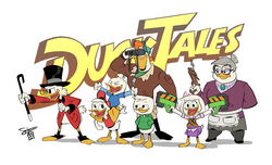  2018 4_fingers accessory anatid anseriform anthro apron avian baseball_cap beak bentina_beakley binoculars bird blue_clothing blue_shirt blue_topwear bottomless bow_ribbon cane carrying_another closed_eyes clothed clothing comickergirl dewey_duck disney dual_wielding duck ducktales ducktales_(2017) eyewear feathers female fingers glasses green_clothing green_shirt green_topwear grey_hair group hair hair_accessory hair_ribbon hairbow hand_behind_back hand_in_pocket hat headgear headwear holding_object holding_weapon hoodie huey_duck jacket launchpad_mcquack louie_duck male open_mouth open_smile orange_hair piggyback pince-nez pockets ranged_weapon red_clothing red_shirt red_topwear ribbons scrooge_mcduck shirt signature simple_background smile standing topwear weapon webby_vanderquack white_background white_body white_feathers yellow_beak young 