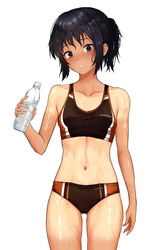  absurdres ass_visible_through_thighs bare_shoulders black_buruma black_hair black_sports_bra blue_eyes blush bottle breasts buruma collarbone commentary cowboy_shot drink farmer&#039;s_tan female hair_up head_tilt highres holding holding_bottle holding_drink holding_water itsuki_nofuji long_hair looking_at_viewer midriff multicolored_buruma multicolored_sports_bra navel nose_blush orange_buruma orange_sports_bra original parted_lips ponytail shiny_skin shirt_tan shorts_tan sidelocks simple_background small_breasts solo sports_bikini sports_bra standing sweat tan tanlines thigh_gap thighs track_and_field very_sweaty water_bottle wet wet_hair white_background white_buruma white_sports_bra 