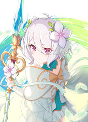  antenna_hair cementite closed_mouth cowboy_shot crystal dress elf eyes_visible_through_hair female flower from_above from_behind hair_between_eyes hair_flower hair_ornament highres holding holding_staff kokkoro_(princess)_(princess_connect!) kokkoro_(princess_connect!) looking_to_the_side pink_eyes pointy_ears princess_connect! short_dress short_hair solo staff white_hair 