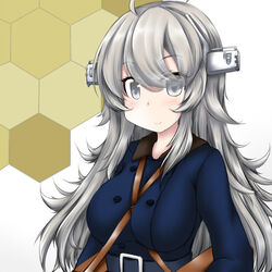  ahoge belt between_breasts blue_coat breasts coat commentary_request cosplay female grey_eyes grey_hair headgear honeycomb_(pattern) honeycomb_background kantai_collection large_breasts long_hair looking_at_viewer ouno_(nounai_disintegration) solo souya_(kancolle) souya_(kancolle)_(cosplay) strap_between_breasts washington_(kancolle) 