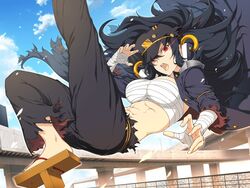  abs arm_wrap attack banchou big_hair black_hair black_jacket black_pants blue_sky breasts bridge budget_sarashi building chain-link_fence chest_sarashi cloud coat commentary concrete daidouji_(senran_kagura) day delinquent english_commentary eye_trail female fence flying_kick geta glowing glowing_eyes hat high_kick incoming_attack jacket kicking lamppost large_breasts light_trail long_hair looking_at_viewer midair mole mole_under_eye multicolored_coat muscular muscular_female navel o-ring obliques official_art open_mouth outdoors overpass pants red_eyes sarashi senran_kagura senran_kagura_burst senran_kagura_new_link senran_kagura_shoujo-tachi_no_shin&#039;ei sky solo teeth tengu-geta third-party_source tomboy toned tongue torn_clothes torn_hat torn_jacket torn_pants two-tone_coat upper_teeth_only urban very_long_hair yaegashi_nan 