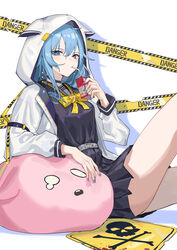  absurdres belt black_choker black_shirt black_skirt blue_eyes blue_hair blue_nails bow bowtie caution_tape choker commentary drink drinking_straw drinking_straw_in_mouth english_commentary female grey_belt hair_between_eyes highres holding holding_drink hololive hood hood_up hooded_jacket hoshimachi_suisei hoshimachi_suisei_(school_uniform) jacket juice_box krin_(krinnin) long_hair long_sleeves looking_at_viewer nail_polish official_alternate_costume official_alternate_hair_length official_alternate_hairstyle open_clothes open_jacket shirt sitting skirt skull_and_crossbones solo star_(symbol) stuffed_animal stuffed_toy virtual_youtuber white_jacket yellow_bow yellow_bowtie 