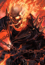  1boy biker_clothes black_jacket black_pants black_shirt bracelet burning chains fire flaming_eyes flaming_skull ghost_rider ghost_rider_(series) gloves holding holding_chain hungry_clicker jacket jewelry leather leather_jacket male_focus marvel no_humans pants red_background shirt shoulder_spikes skull solo spikes studded unzipped weapon zipper 