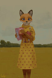  2022 absurd_res anthro blue_eyes canid canine clothing dress fantastic_mr._fox female field fox fur gamgyuls grass hi_res mammal mrs._felicity_fox orange_body orange_fur plant red_fox solo true_fox 