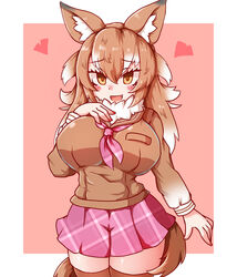  :d animal_ear_fluff animal_ears arm_at_side blush border breast_pocket breasts brown_hair brown_sailor_collar brown_thighhighs commentary_request empty_eyes female fur_collar hair_between_eyes hand_on_own_chest hand_up haruirokomici heart highres japanese_wolf_(kemono_friends) kemono_friends large_breasts long_hair long_sleeves looking_at_viewer multicolored_hair nail_polish neckerchief nose_blush oerba_yun_fang open_mouth orange_background outside_border pink_neckerchief pink_skirt plaid plaid_neckerchief plaid_skirt pleated_skirt pocket sailor_collar skirt smile solo tail thighhighs tsurime two-tone_hair unmoving_pattern white_border white_hair wolf_ears wolf_girl wolf_tail zettai_ryouiki 