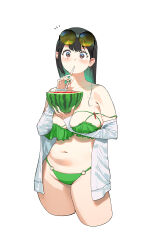  absurdres arm_between_breasts bare_shoulders between_breasts bikini black-framed_eyewear black_hair breasts brown_eyes colored_inner_hair contrapposto cropped_legs drinking_straw drinking_straw_in_mouth eyewear_on_head female food frilled_bikini frills fruit green_bikini green_hair hands_up highres holding_watermelon large_breasts long_hair long_sleeves looking_at_viewer multicolored_hair navel o-ring o-ring_bikini open_clothes open_shirt original shirt simple_background solo standing straight_hair strap_slip sunglasses swimsuit two-tone_hair watermelon watermelon_slice white_background white_shirt wonbin_lee yellow_nails 