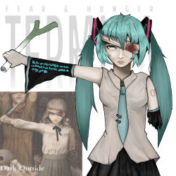  absurdres aqua_eyes aqua_hair aqua_necktie bandage_over_one_eye bandages black_skirt black_sleeves blood blood_on_bandages closed_mouth collared_shirt commentary copyright_name detached_sleeves fear_&amp;_hunger fear_&amp;_hunger_2:_termina female food hair_between_eyes hatsune_miku hewitt13emi highres holding holding_food holding_vegetable levi_(fear_&amp;_hunger) looking_at_viewer marina_(fear_&amp;_hunger) necktie number_tattoo official_art_inset outstretched_arm parody pleated_skirt shirt shoulder_tattoo skirt sleeveless sleeveless_shirt solo spring_onion style_parody tattoo twintails upper_body vegetable vocaloid white_background white_shirt 