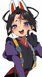  1boy :d animal_ears black_gloves black_hair black_kimono blush bow-shaped_hair cheek_poking cowboy_shot disguise facial_mark forehead_mark fox_ears gloves hand_on_own_cheek hand_on_own_face hand_up highres houjou_tokiyuki_(nige_jouzu_no_wakagimi) japanese_clothes juliet_sleeves kazama_genba kimono long_sleeves nige_jouzu_no_wakagimi ninja parted_bangs poking puffy_sleeves purple_eyes raised_eyebrows red_sash saliva sash sidelocks_tied_back simple_background smile solo spiral sweat teeth tongue upper_teeth_only white_background yoruhachi 