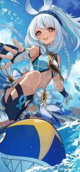  :d absurdres bare_shoulders blue_hair blue_hairband blue_sky body_markings braid camunekoz cloud commentary_request female fingerless_gloves fish-shaped_pupils foot_out_of_frame foreshortening genshin_impact gloves hairband highres knee_up light_blue_hair long_hair looking_at_viewer low_twin_braids mualani_(genshin_impact) open_mouth outdoors red_eyes sky smile solo stirrup_legwear surfing toeless_legwear twin_braids water waves white_gloves 