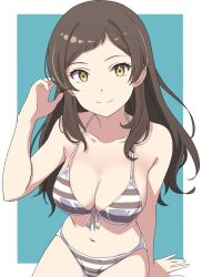  aqua_background arm_at_side bare_arms bare_shoulders bikini border breasts brown_bikini brown_hair cleavage closed_mouth collarbone commentary_request cowboy_shot female front-tie_bikini_top front-tie_top halterneck hand_up idolmaster idolmaster_million_live! kitazawa_shiho long_hair looking_at_viewer medium_breasts minasato_hibiki navel outside_border parted_bangs sidelocks simple_background sitting smile solo stomach striped_bikini striped_clothes swimsuit two-tone_bikini wavy_hair white_bikini white_border yellow_eyes 