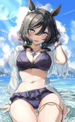  animal_ears bead_bracelet beads bikini black_hair blue_bikini blue_eyes blue_gemstone blush bracelet braid breasts chains cleavage commentary_request ear_ornament eishin_flash_(reines_plaetschern)_(umamusume) eishin_flash_(umamusume) female frilled_bikini frills gem gold_chain hair_between_eyes hand_on_floor highres horse_ears horse_girl in_water jacket jewelry korokoro_nekoz large_breasts long_sleeves looking_at_viewer medium_hair navel necklace official_alternate_costume open_clothes open_jacket open_mouth see-through seiza sidelocks sitting sky smile solo swimsuit umamusume water white_jacket 