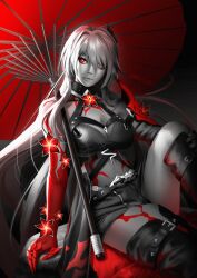  acheron_(honkai:_star_rail) arm_support armor artist_name bare_shoulders belt black_belt black_choker black_shirt black_shorts boots breasts choker cleavage closed_mouth colored_extremities commentary criss-cross_halter crop_top feet_out_of_frame female flower hair_between_eyes hair_ornament halterneck highres honkai:_star_rail honkai_(series) knee_boots knee_up large_breasts leira_cire limited_palette looking_to_the_side midriff official_alternate_color oil-paper_umbrella photo-referenced red_eyes red_flower red_hands red_umbrella shirt shorts shoulder_armor single_knee_boot single_thigh_boot sitting solo spot_color thigh_boots umbrella white_hair 