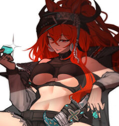  absurdres animal_ears arknights bare_shoulders black_jacket black_shirt black_shorts boki-jg breasts cowboy_shot crop_top crossed_bangs earrings female gem hair_between_eyes highres holding holding_gem impossible_clothes jacket jewelry large_breasts long_hair looking_at_viewer midriff multiple_rings narantuya_(arknights) navel red_eyes red_hair ring shirt shorts skin_tight smile solo 