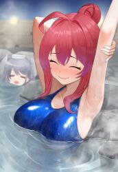  2girls armpits blush breasts dorachan_r hair_ornament hair_ribbon highres i-168_(kancolle) kantai_collection large_breasts long_hair multiple_girls one-piece_swimsuit onsen ponytail red_hair ribbon same-sex_bathing scamp_(kancolle) school_swimsuit shared_bathing smile steam swimsuit water wet 