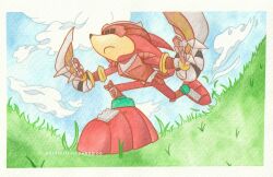  2024 action_pose anthro armor clothed clothing cloud covered_eyes detailed_background dual_wielding echidna foreshortening fully_clothed gouache_(artwork) grass headgear helmet hi_res holding_melee_weapon holding_object holding_sword holding_weapon hottmutton knight low-angle_view male mammal melee_weapon monotreme painting_(artwork) plant pose red_body running sega sir_gawain_(sonic_and_the_black_knight) solo sonic_and_the_black_knight sonic_storybook_series sonic_the_hedgehog_(series) sword traditional_media_(artwork) warrior weapon 