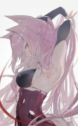  absurdres animal_ears arknights armpits arms_behind_head arms_up black_bra black_gloves bra breasts commentary female from_side gloves hair_intakes hair_lift hand_in_own_hair hands_in_hair highres holding holding_own_hair konota_ko long_hair looking_at_viewer medium_breasts pink_eyes pink_hair ponytail pozyomka_(arknights) presenting_armpit red_skirt sideways_glance simple_background skirt solo tail underwear very_long_hair white_background wolf_ears wolf_girl wolf_tail 