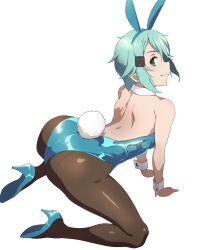  all_fours animal_ears aqua_eyes aqua_hair aqua_leotard ass breasts detached_collar fake_animal_ears fake_tail female from_behind hair_between_eyes hair_ornament high_heels highleg highleg_leotard highres leotard looking_at_viewer looking_back pantyhose playboy_bunny puge rabbit_ears rabbit_tail shiny_clothes short_hair sidelocks simple_background sinon smile solo strapless strapless_leotard sword_art_online tail white_background wrist_cuffs 