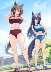  2girls blue_hair blue_shorts blue_sports_bra blue_tail blurry blurry_background braid breasts brown_hair brown_tail building collarbone ear_covers gentildonna_(umamusume) grass hair_between_eyes hand_in_own_hair hand_on_own_hip herohero_(higashi_no_dou) highres horse_girl horse_tail huge_breasts large_breasts long_hair looking_at_viewer multicolored_hair multiple_girls narrow_waist navel outdoors purple_eyes red_shorts red_sports_bra shoes short_shorts shorts sidelocks single_ear_cover sky smile sneakers sports_bra tail tree umamusume verxina_(umamusume) white_hair 