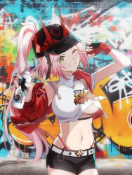  aqua_eyes baseball_cap black_hat black_shorts blonde_hair breasts brick_wall can commentary cowboy_shot crop_top fake_horns female fingerless_gloves fishnet_top fishnets gloves graffiti green_eyes grin hat hat_horns highres holding holding_can honkai:_star_rail honkai_(series) horned_headwear horns jacket large_breasts limited_palette long_hair looking_at_viewer midriff navel one_eye_closed partially_colored pink_hair ponytail rappa_(honkai:_star_rail) red_horns red_jacket revision saint_laurent_paris shirt short_shorts shorts sidelocks smile solo spray_can standing stomach underboob undershirt very_long_hair w white_shirt 