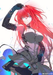  absurdres aozaki_aoko bare_shoulders black_gloves blue_eyes breasts dress elbow_gloves female gloves hand_on_own_hip hand_up highres long_hair looking_at_viewer mahou_tsukai_no_yoru red_hair sidelocks smile solo white_background white_dress youling_keke 