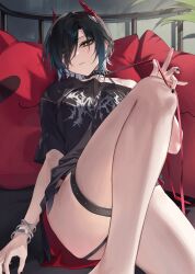  azur_lane bare_legs black_hair black_nails black_shirt choker ear_piercing expressionless female goth_fashion hair_over_one_eye half-closed_eyes hand_up highres horns indoors knee_up leash light_frown lying medium_hair multicolored_hair nail_polish no_pants on_back piercing sabotensuteeki shirt slit_pupils solo spiked_choker spikes thighs two-tone_hair ulrich_von_hutten_(azur_lane) upshirt white_hair yellow_eyes 