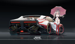  absurdres azur_lane black_gloves blonde_hair boots breasts car english_text female fingerless_gloves galodos gloves hair_between_eyes highres holding l&#039;audacieux_(azur_lane) l&#039;audacieux_(protector_beneath_the_parasol)_(azur_lane) leotard long_hair motor_vehicle official_alternate_costume original race_queen race_vehicle red_eyes thigh_boots twintails umbrella vehicle_focus very_long_hair white_leotard 