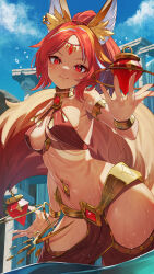  absurdres afk_journey animal_ears armlet armpits arpeggio_kaga bangle bare_shoulders bracelet breasts brooch cleavage closed_mouth collar cowboy_shot female fox_ears fox_girl fox_tail highres jewelry long_hair looking_at_viewer medium_breasts navel navel_piercing parted_bangs pelvic_curtain piercing ponytail red_eyes red_hair red_thighhighs satella smile solo standing stomach tail thighhighs thighs wading wet 