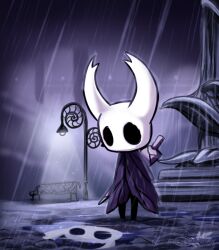  2019 2_horns ambiguous_gender arthropod bench black_eyes black_legs cloak clothing digital_media_(artwork) hollow_knight horn latiar looking_at_self melee_weapon nail_(weapon) outside rain_drops raining reflection sculpture solo standing statue street_lamp sword team_cherry the_knight_(hollow_knight) vessel vessel_(species) weapon weapon_on_back white_head 